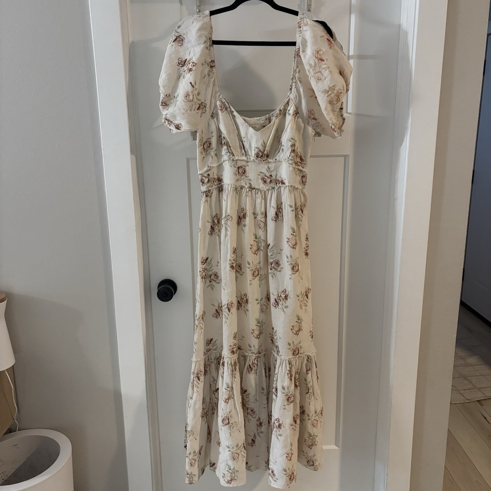 Loveshackfancy Puff Sleeve Maxi Dress Angie Cream Floral Print Linen Size 2